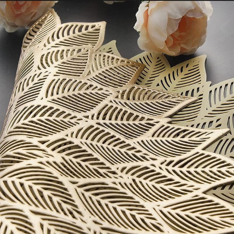 Picture of 6 pcs PVC Geometric Gold Silver Hollow Placemat / Cup Mat Home Decoration Kitchen Tool For Dining Table Bowl Plate