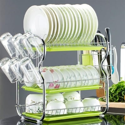 Picture of Dish Rack , 3 lier Dish Rack Stainless Steel Dish Drainer Utensil Holder, Cutting Board Holder with Removable Drain Board for Kitchen Countert