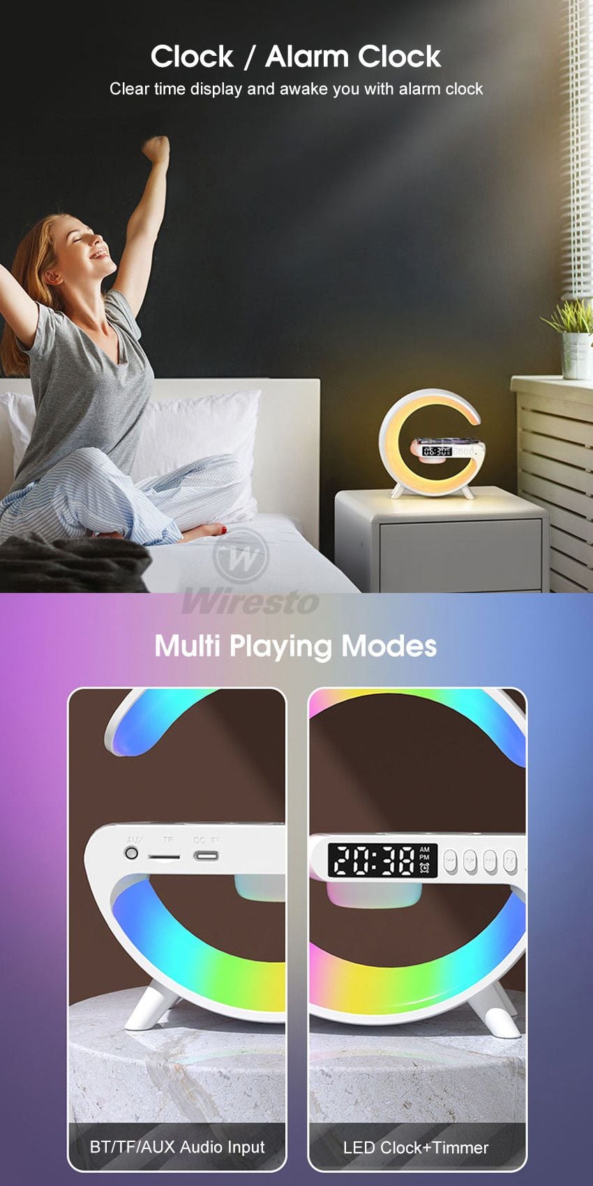 Picture of Smart G63 Light Sound Speaker Machine Fast Charging Alarm Clock 7-Color RGB Music Player Speaker - White