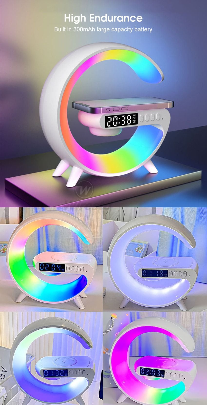 Picture of Smart G63 Light Sound Speaker Machine Fast Charging Alarm Clock 7-Color RGB Music Player Speaker - White