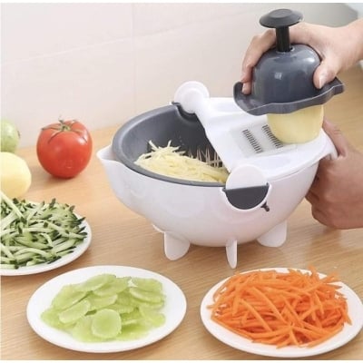Picture of Multi functional vegetable basket 9 in 1 drain basket magic rotate vegetable cutter with handle / Multi functional vegetable cutter - White - Int: One size
