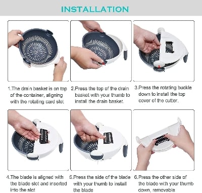 Picture of Multi functional vegetable basket 9 in 1 drain basket magic rotate vegetable cutter with handle / Multi functional vegetable cutter - White - Int: One size