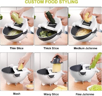 Picture of Multi functional vegetable basket 9 in 1 drain basket magic rotate vegetable cutter with handle / Multi functional vegetable cutter - White - Int: One size