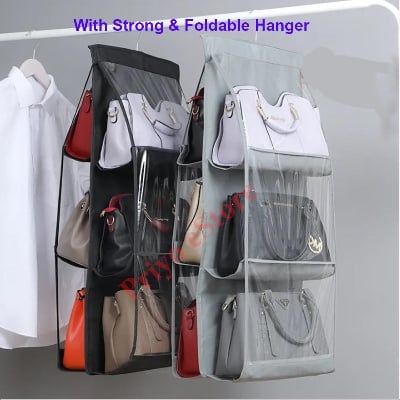 Picture of 6 Pocket Foldable Hanging Bag 3 Layers Folding Shelf Bag Purse Handbag Organizer Door Sundry Pocket Hanger Storage Closet Hanger - Multicolor