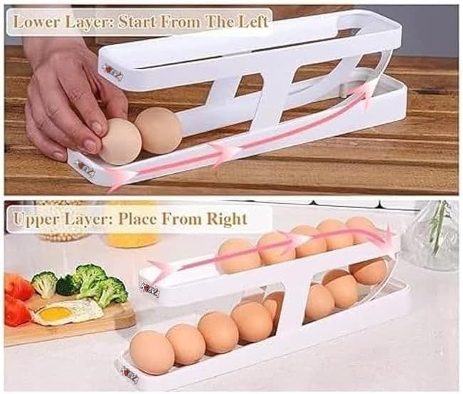 Picture of Double-Layer Egg Dispenser Automatic Roll-Down Egg Storage Rack Slide Egg Carton Refrigerator Egg Basket Kitchen Countertop Egg Holder Gadget Biz - Multicolor - Int: One size