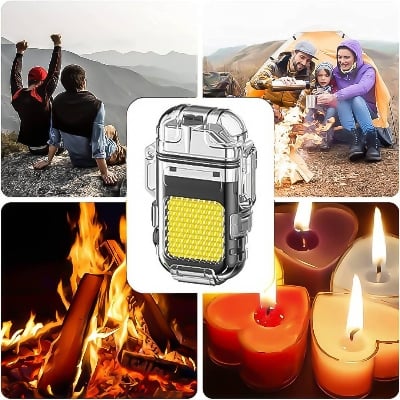 Picture of Double  USB Lighter Good for Outdoor Camping Hiking (Multicolor) Lighters Arc Lighter Flashlight Rechargeable Windproof Waterproof Flameless Transparent - White - Int: One size