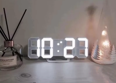 Picture of 3D Digital Wall Clock LED Table Clock Time Alarm Temperature Date Sound Control Night Light With Remote Control Clock - White - Int: One size