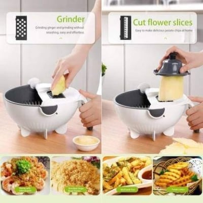 Picture of Multi Functional Vegetable 9 In 1 Drain Basket Magic Rotate Vegetable Cutter - White - Int: One size