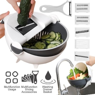 Picture of Multi Functional Vegetable 9 In 1 Drain Basket Magic Rotate Vegetable Cutter - White - Int: One size