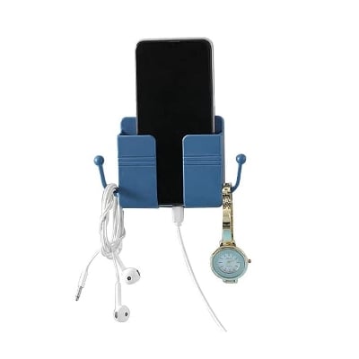 Picture of Wall Mounted Remote Phone Holder Storage Box Phone Plug Wall Charging Storage Shelf with Hooks - Multicolor - Int: One size
