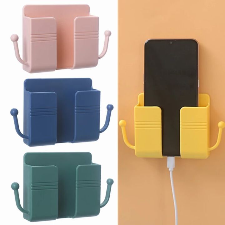 Picture of Wall Mounted Remote Phone Holder Storage Box Phone Plug Wall Charging Storage Shelf with Hooks - Multicolor - Int: One size