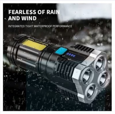 Picture of Led Bright Flashlight COB Side Light Outdoor Portable Home USB Rechargeable 4 Core  Camping Fishing Adventure Torch Light - Black - Int: One size