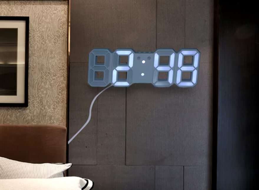 Picture of Digital Wall Clock Large Time 3D LED Alarm Date Temperature Nightlight Table Desk Watch Home Decorate Hang Electronic Clocks - White - Int: One size