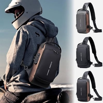 Picture of (Black Colour)Premium Quality USB Charging Men Multifunction PU Chest Bag Sport Sling Bag Male Anti-theft Chest Bag with Password Lock with Adjustable Shoulde - Black - Int: One size