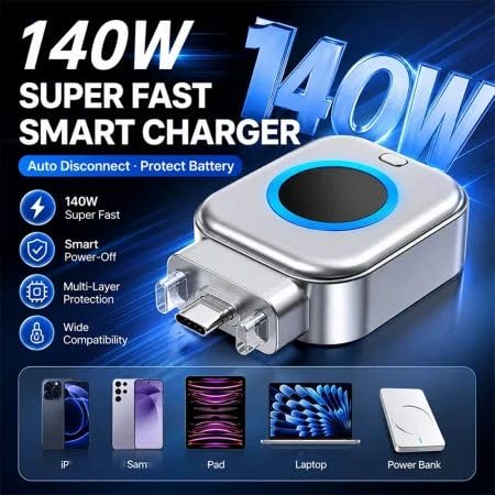 Picture of Smart Auto Stop Charging Adapter, Type-C, 140W Fast Charging, Auto Eject Overcharge Protection, Universal, Compatible with Smartphones and Tablets - Multicolor