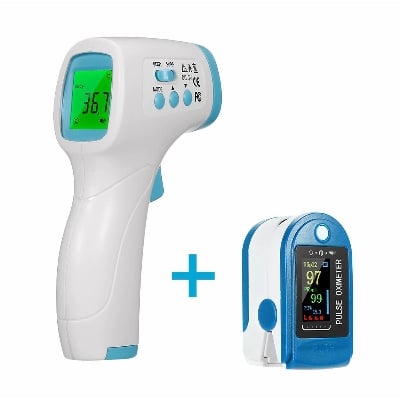 Picture of Pulse Oximeter Finger Blood Oxygen Sensor Saturation Monitor + Digital Forehead Thermometer Non-Contact Infrared Thermometer