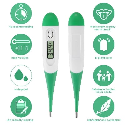 Picture of Digital thermometer with Flexible Tip  Fever Alarm & Beep Function  Waterproof & 10 seconds Fast Reading for Kids & Adults (Green)