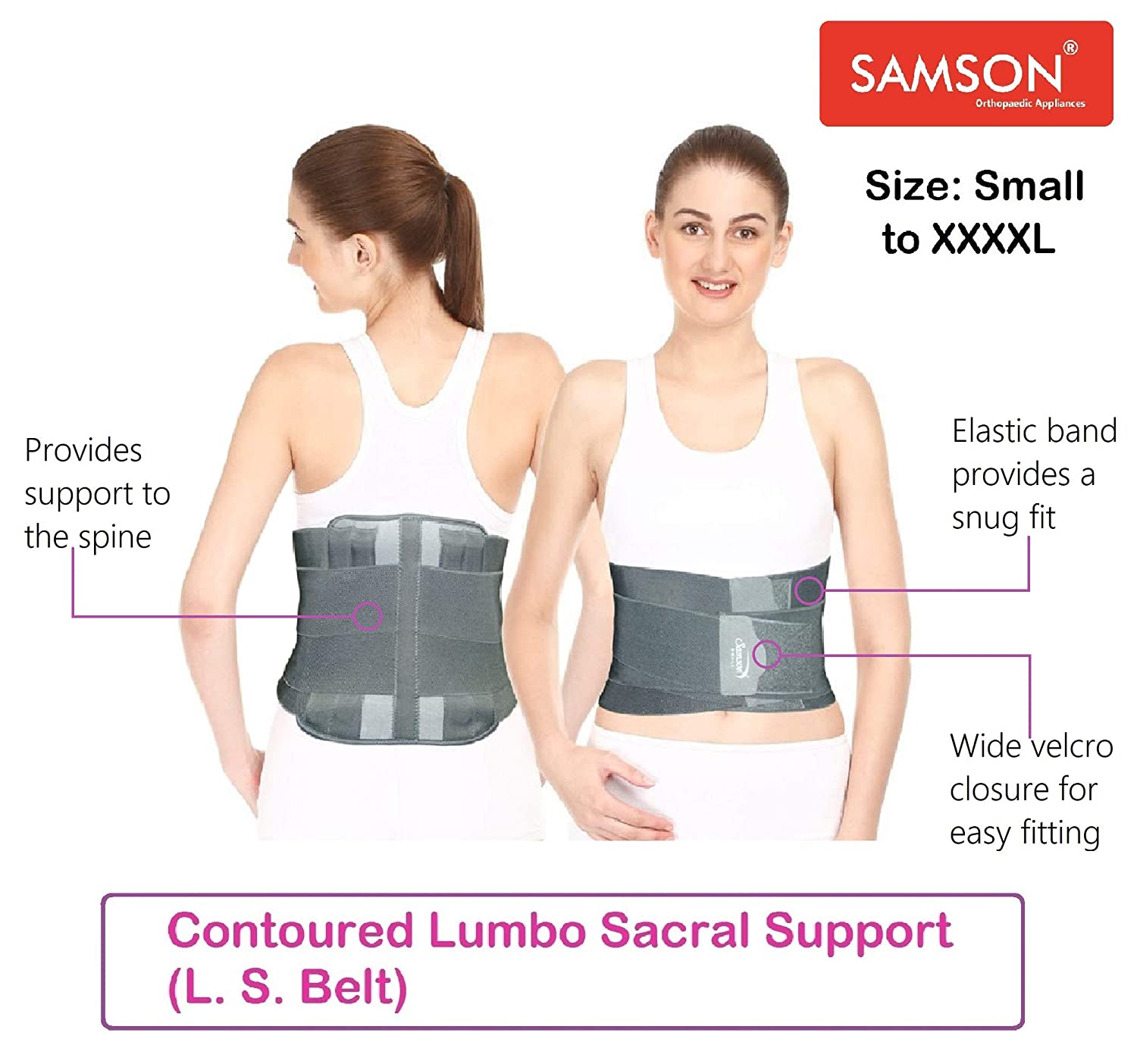 Picture of Samson Orthotics Contoured Lumbo Sacral LS Support Belt Spinal, Acute and Chronic Lower Back Pain, Spondylosis, Osteoporosis, Slip Disc, Post Disketomy Care for Women and Men
