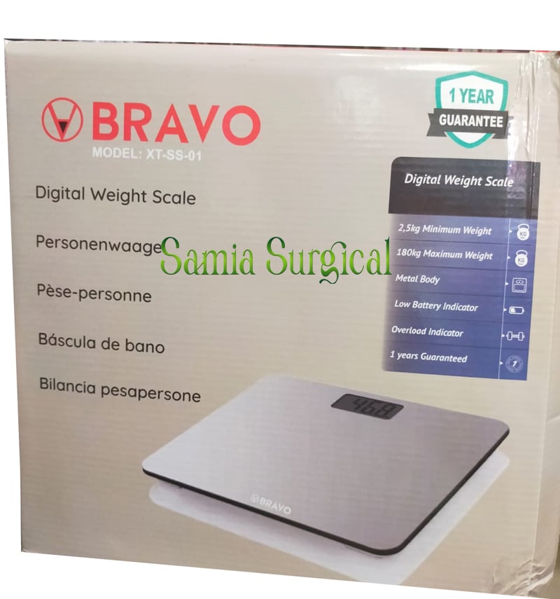 Picture of BRAVO Stainless Steel Digital Body Weight Bathroom Scale Step-On Technology Large Blue LCD Backlight Display, 400 Pounds , Grey, 12x12 Inch (Pack of 1) - Foot