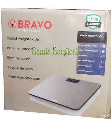Picture of BRAVO Stainless Steel Digital Body Weight Bathroom Scale Step-On Technology Large Blue LCD Backlight Display, 400 Pounds , Grey, 12x12 Inch (Pack of 1) - Foot