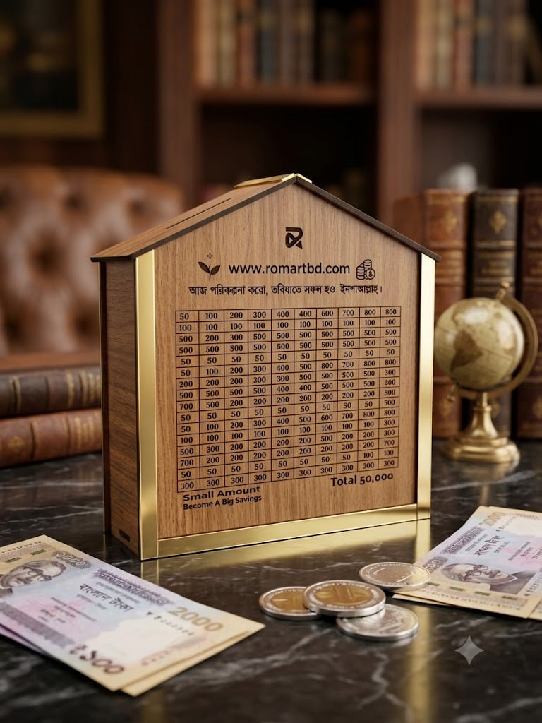 Picture of Wooden House Money Saving Bank – Perfect Gift for Smart Savings (50,000 Challenge) umrah saving box, islamic gift saving box