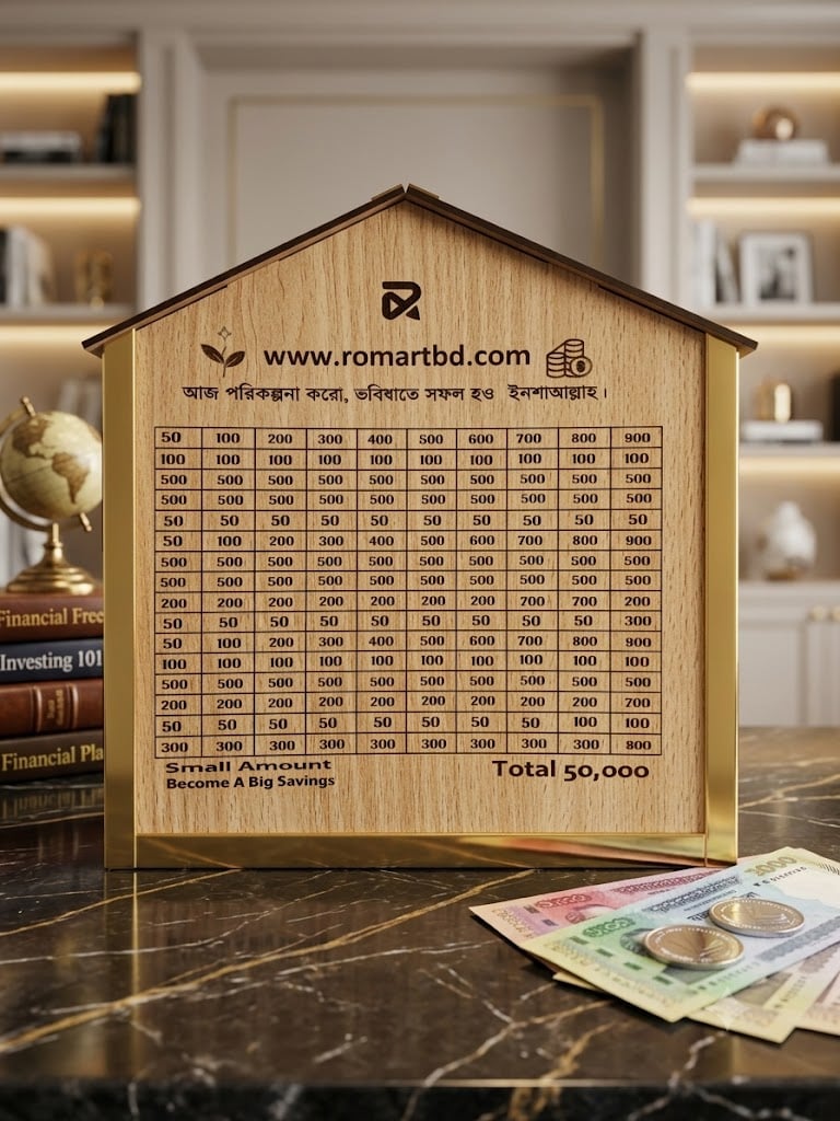 Picture of Wooden House Money Saving Bank – Perfect Gift for Smart Savings (50,000 Challenge) umrah saving box, islamic gift saving box