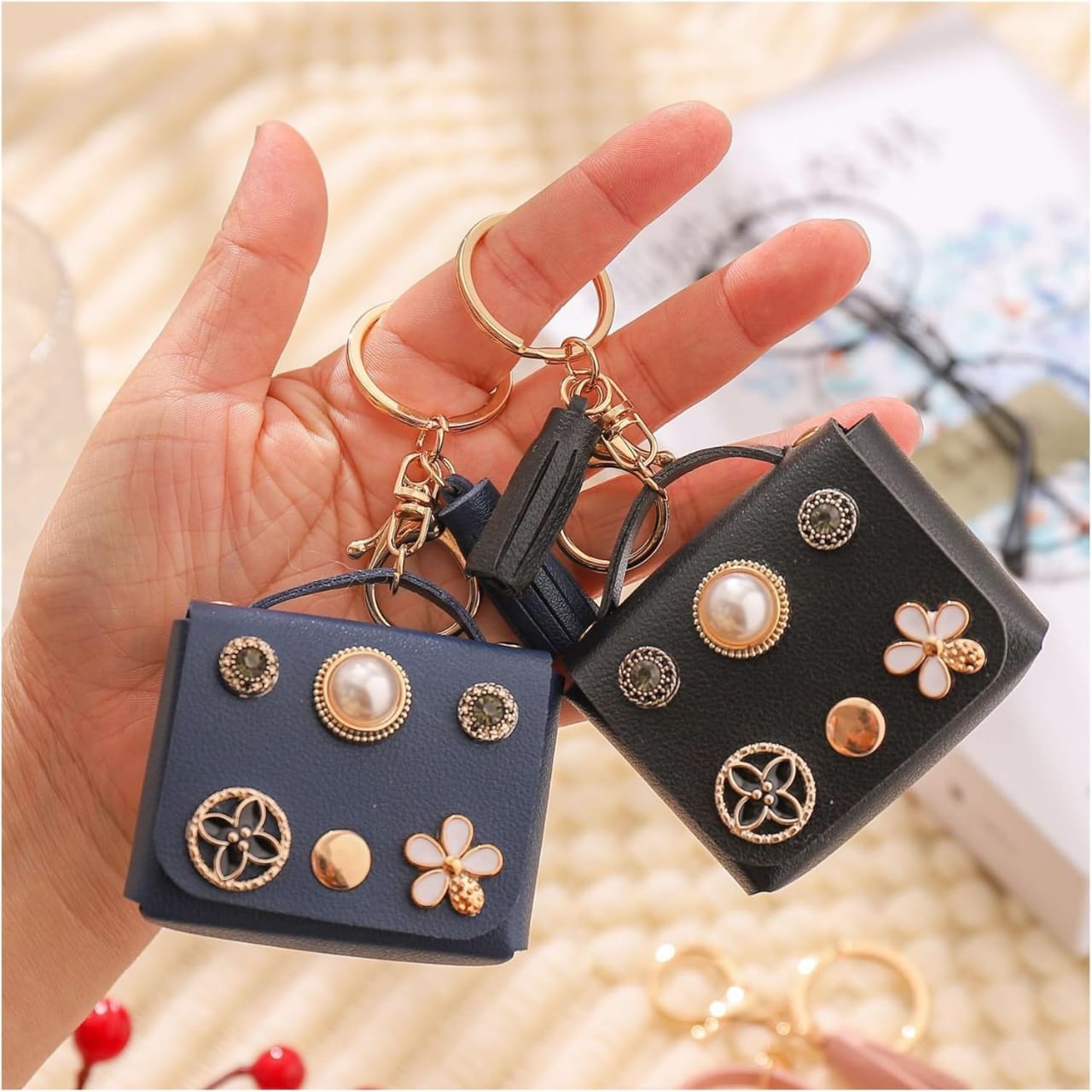 Picture of Key Chain Charm Headphone Bag For Apple Airpods Pro and pro 2nd Gen, joyroom T03s Pro cover, Airpods 4 Pro2 3 2and1 Headphone Bag Wallet PU Leather Keychain (Headphone not included)