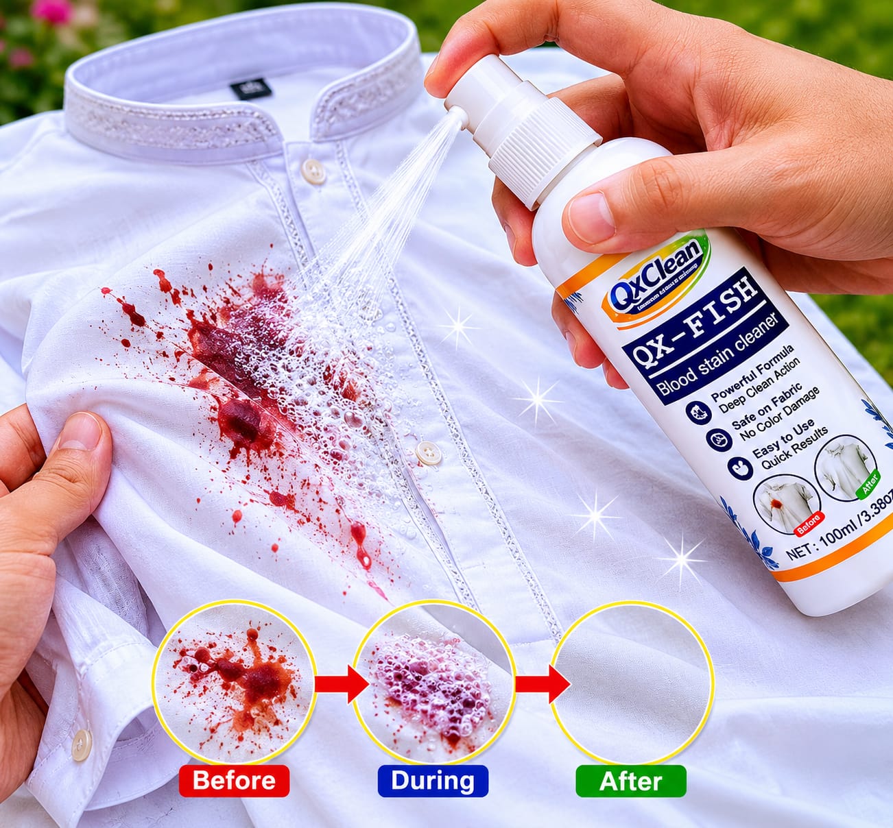 Picture of QxClean QX-FISH Blood Stain Remover Laundry Detergent Oxi Cleaner for Period Underwear LingerieSheets Mattress Bedding Fabric (100ml)