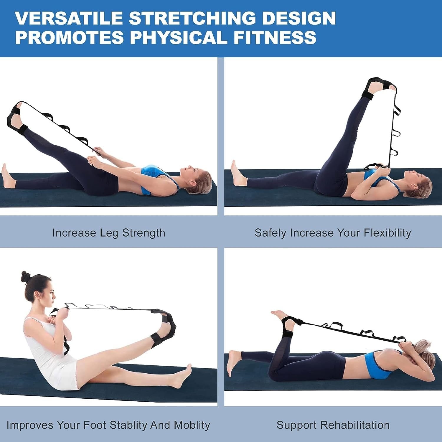 Picture of Pilates Yoga Belt Multi-Loop Exercise Stretch Strap with Foot Hook Keep Fit Physical Therapy Dance Belt Flexibility Training-Black