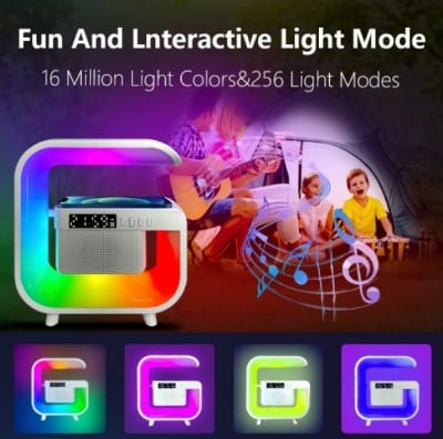 Picture of G63 Mini Colorful Wireless Charging Light Up Speaker G Shape LED Wireless Table Speaker Color Changing Alarm Clock Charger Stand Bedside Light (Charging only For Iphone)-Color Family:Black & White-White