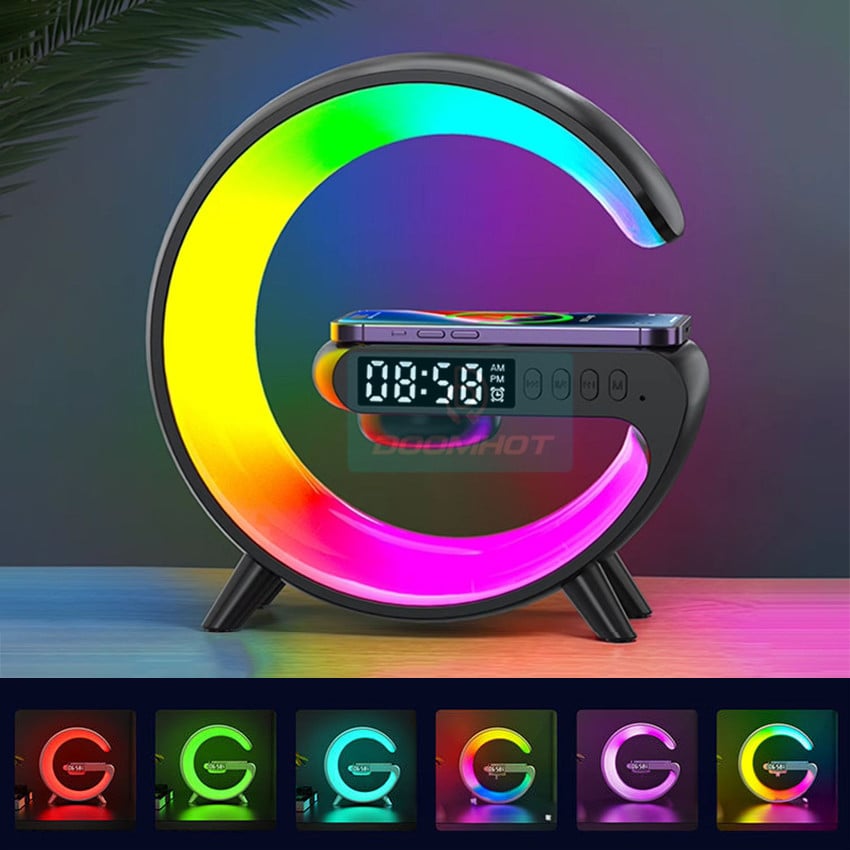 Picture of G63 Mini Colorful Wireless Charging Light Up Speaker G Shape LED Wireless Table Speaker Color Changing Alarm Clock Charger Stand Bedside Light (Charging only For Iphone)-Color Family:Black & White-White
