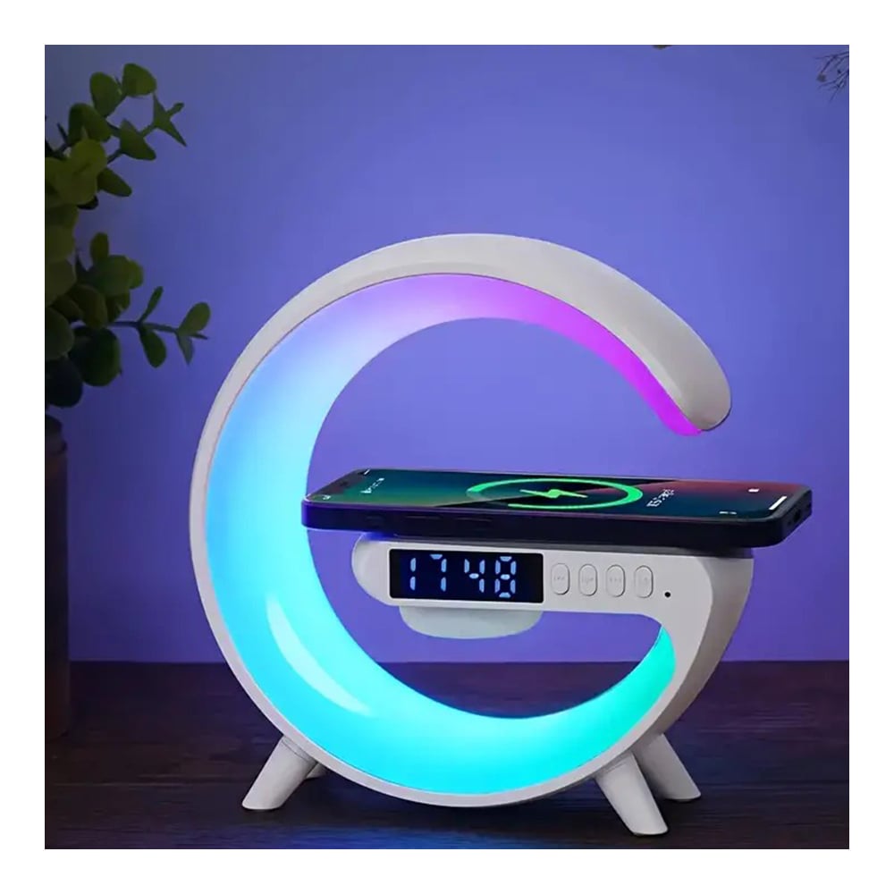 Picture of G63 Mini Colorful Wireless Charging Light Up Speaker G Shape LED Wireless Table Speaker Color Changing Alarm Clock Charger Stand Bedside Light (Charging only For Iphone)-Color Family:Black & White-White