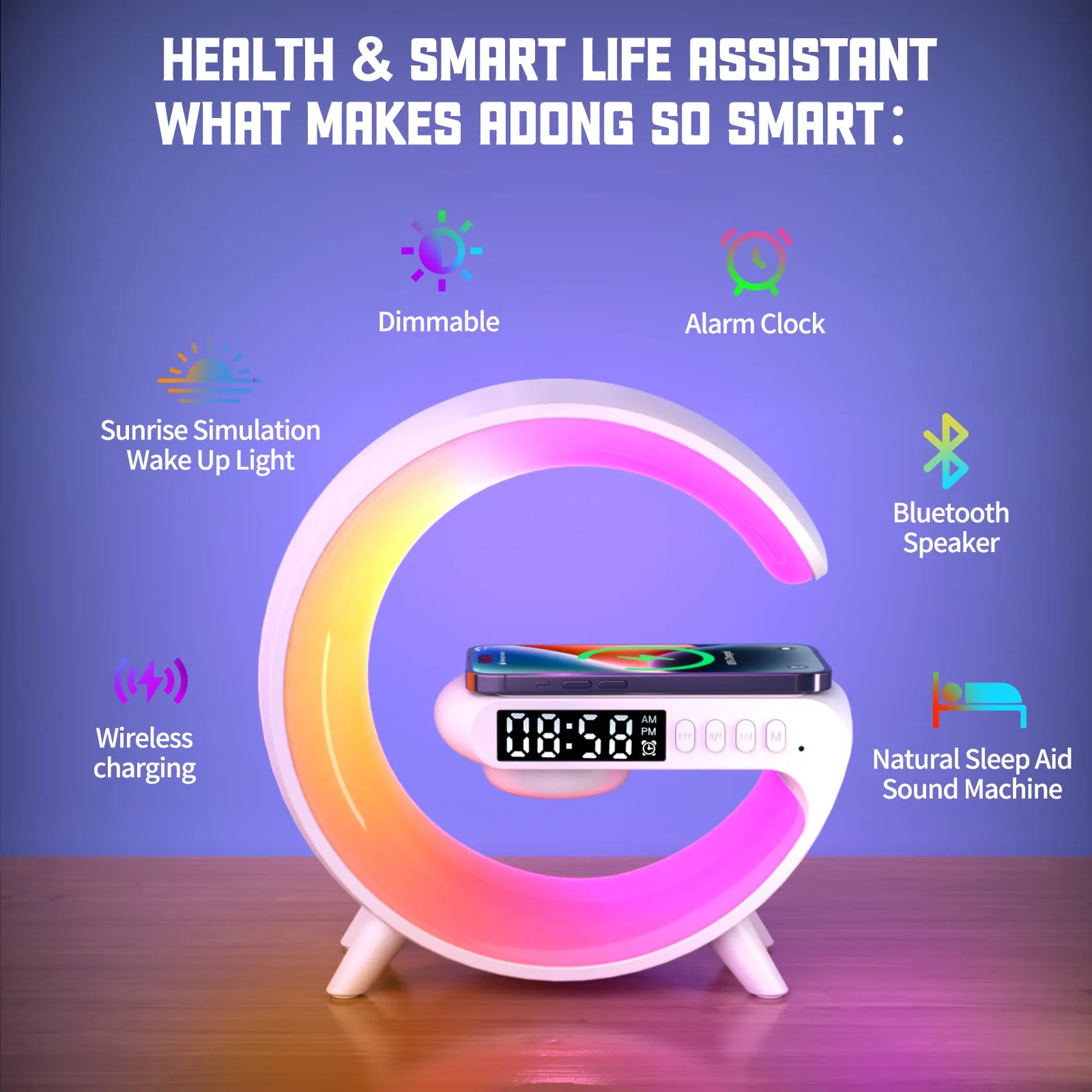Picture of New Wireless Charging Light Up Speaker G Shape LED Wireless Table Speaker Color Changing Alarm Clock Charger Stand Bedside Light New (Charging only For Iphone)-white