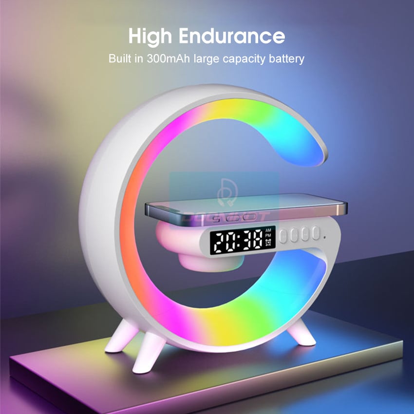 Picture of New Wireless Charging Light Up Speaker G Shape LED Wireless Table Speaker Color Changing Alarm Clock Charger Stand Bedside Light New (Charging only For Iphone)-white