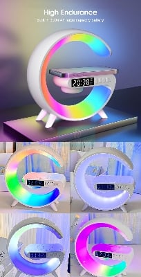 Picture of New Wireless Charging Light Up Speaker G Shape LED Wireless Table Speaker Color Changing Alarm Clock Charger Stand Bedside Light New (Charging only For Iphone)-white