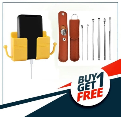 Picture of Wall Mounted Organizer Storage Box Remote Control Mounted Mobile Phone Plug Wall Holder Charging Multifunction Holder Stand And 6 PCS Ear Pick Set Combo-Multicolor