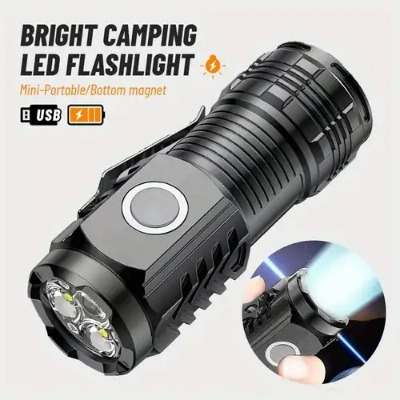 Picture of Super Bright Mini Flashlight 3 Core LED Tactical Torch Rechargeable Camping Fishing Cap Clip Flashlight With Magnet Hand Lamp- Multicolor