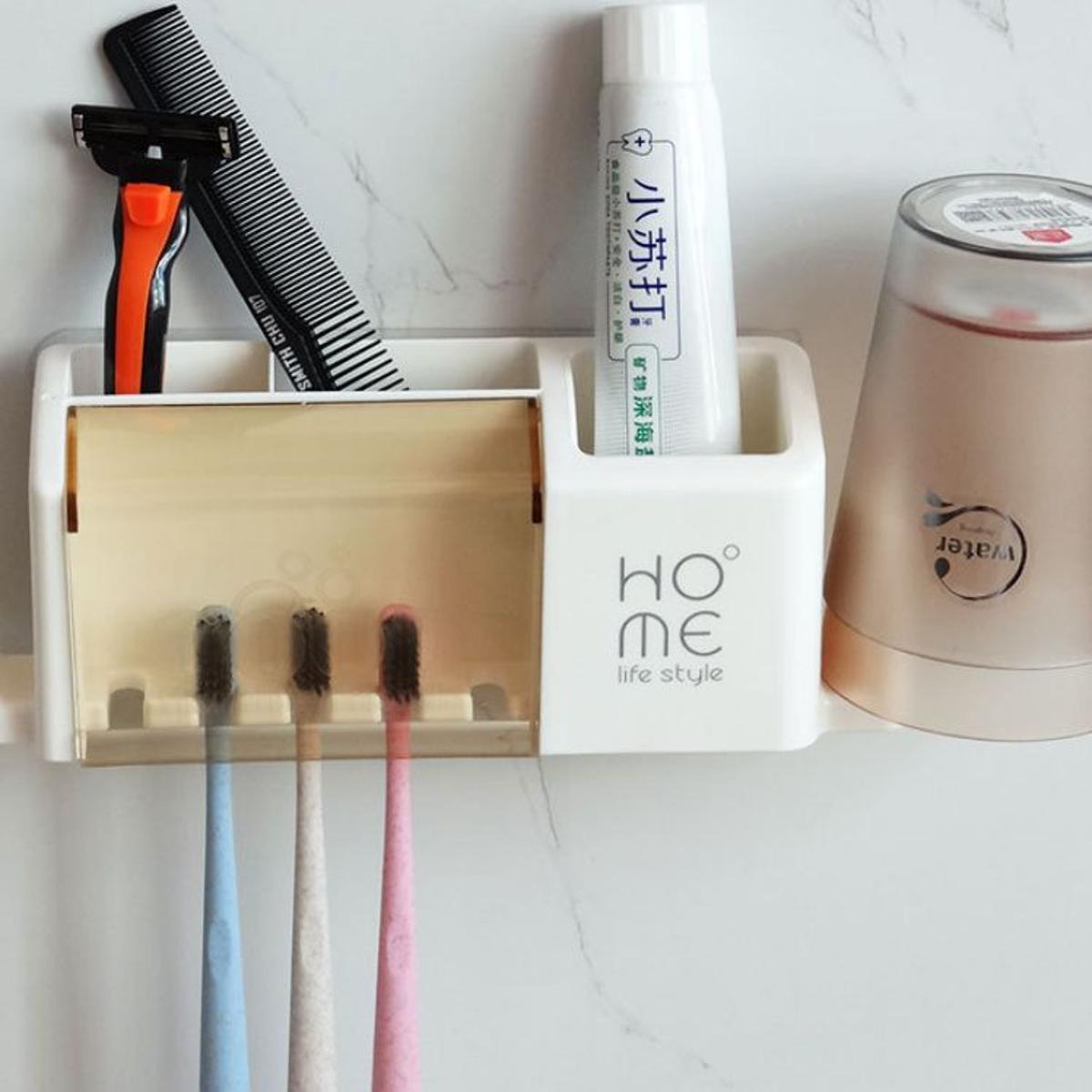 Picture of iHave Toothbrush Holders Bathroom Decor with Toothpaste Dispenser, Cups Toothbrush Holder Wall Mounted Bathroom Accessories- Multicolor