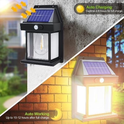Picture of GIGALUMI Solar Wall Lights Outdoor, Dusk to Dawn Motion Sensor Lights Waterproof, Pack Motion Sensor Solar Porch Lights with  Modes, for Patio, Garage, Shed- Multicolor