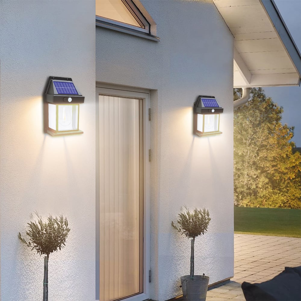 Picture of GIGALUMI Solar Wall Lights Outdoor, Dusk to Dawn Motion Sensor Lights Waterproof, Pack Motion Sensor Solar Porch Lights with  Modes, for Patio, Garage, Shed- Multicolor