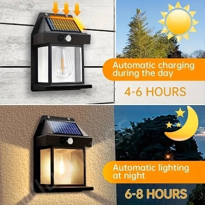 Picture of GIGALUMI Solar Wall Lights Outdoor, Dusk to Dawn Motion Sensor Lights Waterproof, Pack Motion Sensor Solar Porch Lights with  Modes, for Patio, Garage, Shed- Multicolor