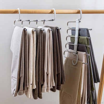 Picture of Foldable Cloth Hangers 5 in 1 Stainless Steel for Clothes Hanging Multi-Layer Pant Wardrobe Hanger Multicolor- Multicolor
