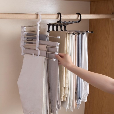 Picture of Foldable Cloth Hangers 5 in 1 Stainless Steel for Clothes Hanging Multi-Layer Pant Wardrobe Hanger Multicolor- Multicolor