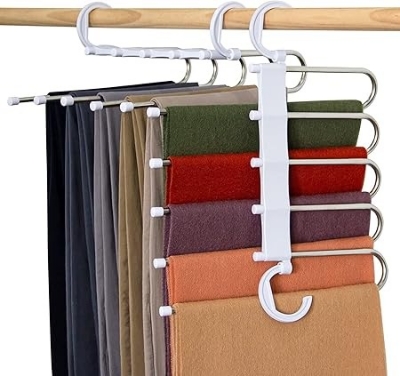 Picture of Foldable Cloth Hangers 5 in 1 Stainless Steel for Clothes Hanging Multi-Layer Pant Wardrobe Hanger Multicolor- Multicolor