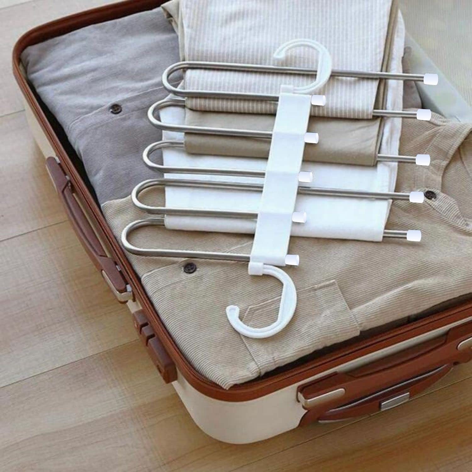 Picture of Foldable Cloth Hangers 5 in 1 Stainless Steel for Clothes Hanging Multi-Layer Pant Wardrobe Hanger Multicolor- Multicolor