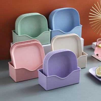 Picture of Plastic Maid 10Pcs Square Dinner Plates With Holder (KD : 324) Different colors in a set ]-Multicolor