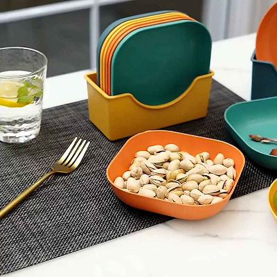 Picture of Plastic Maid 10Pcs Square Dinner Plates With Holder (KD : 324) Different colors in a set ]-Multicolor