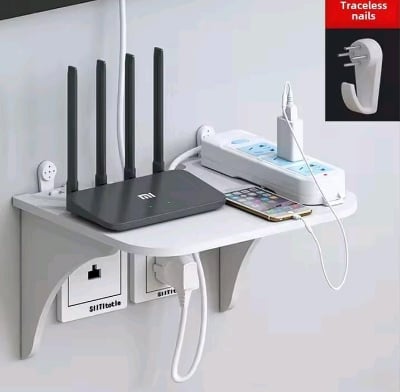 Picture of Router Floating Shelf Hanging Rack Multi Tap Outlet Wifi TV Set Top Box Board Hidden Bracket Storage Organizer Wall Mount Holder
