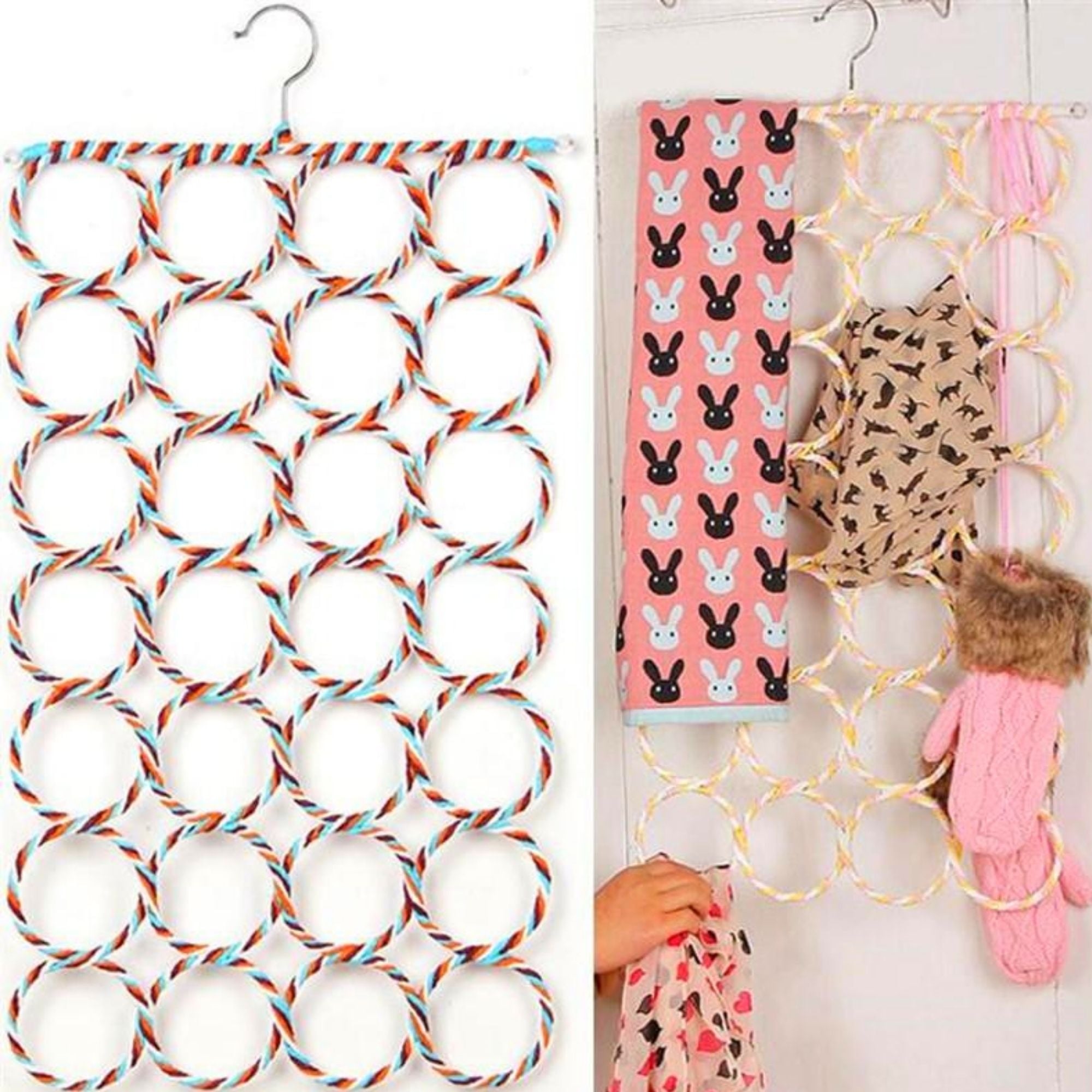 Picture of Flexzion Scarf Organizer for Closet - 28 Slot Scarf Hanger Hijab Organizer, Space Saver for Socks, Shawls, Ties, Towels, Belts, Multi Purpose Hanging Rack Storage-Multicolor