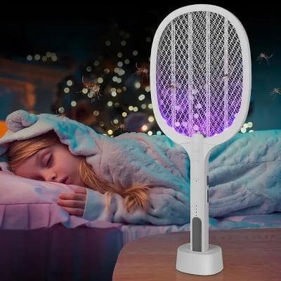 Picture of Retractable Mosquito Killer GeckoMan Rotating Head Electric Fly Swatter Racket Rechargeable Bug Zapper Racket Bug Zapper Indoor Fly Zapper Mosquito Zapper Flies Killer for Indoors, with a Telescopic Extension-Multicolor
